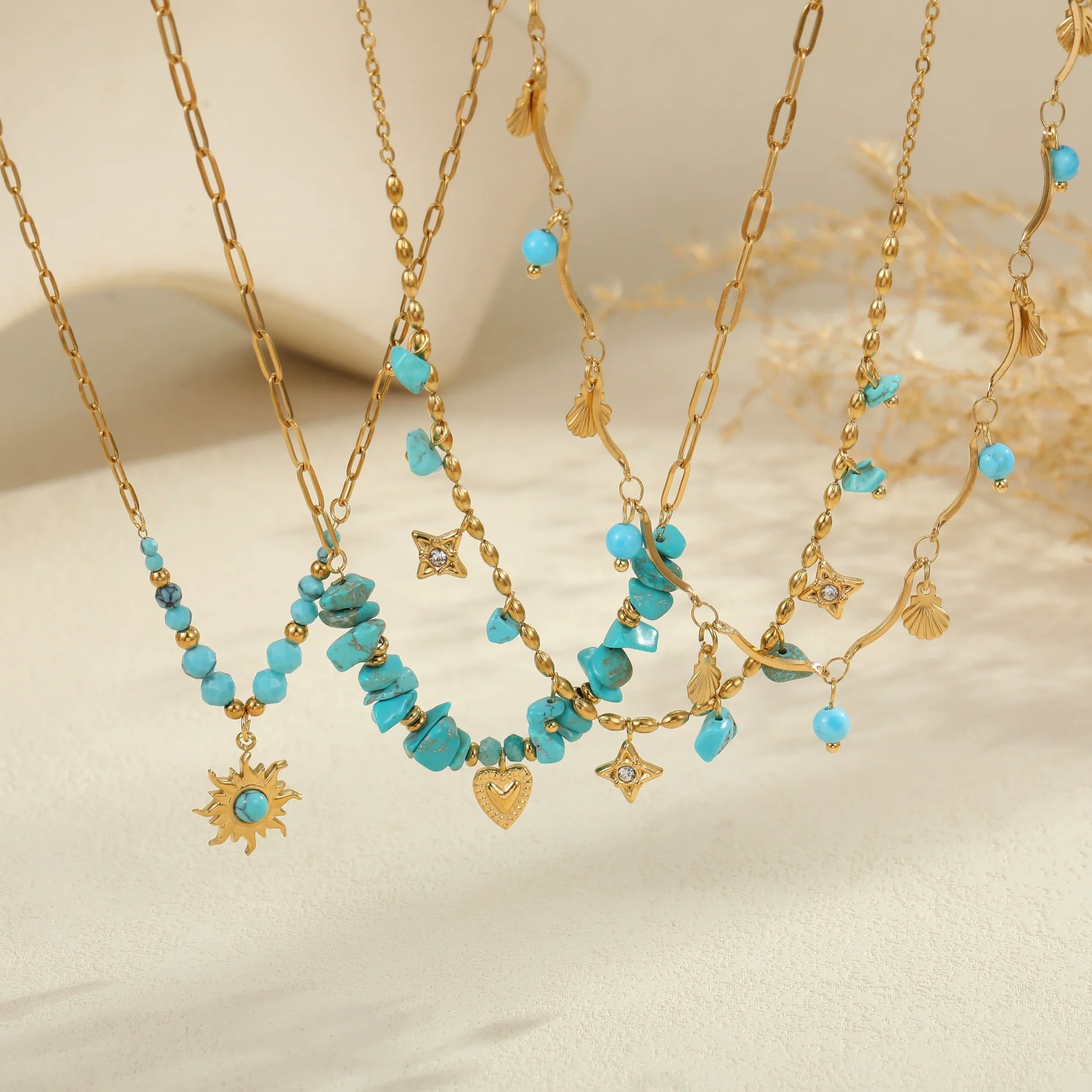 Wholesale Women's Fashionable Turquoise Necklace With Heart Rhombus Geometric Shapes Stainless Steel Electroplated - Image 2