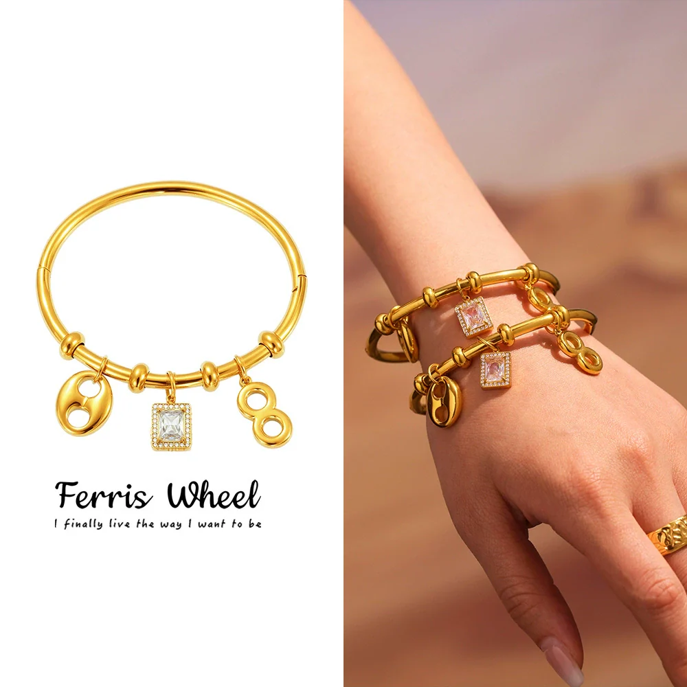Wholesale Women's Ferris Wheel Multiaccessory Pig Nose 8Shaped Zircon Stainless Steel 18K Gold Plated Fashion Geometric Bracelet