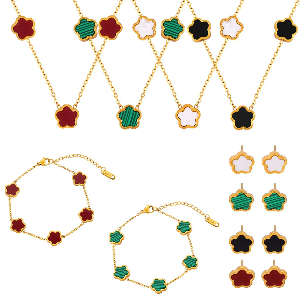 Wholesale Women's Flower Shape Jewelry Set Inlaid With White Sea Shell Acrylic Titanium Steel Ochain Electroplated - Image 5