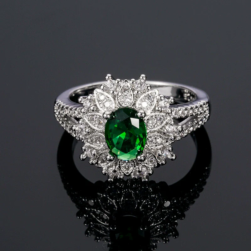 Wholesale Women's Flowershaped Copper Emerald Zircon Ring