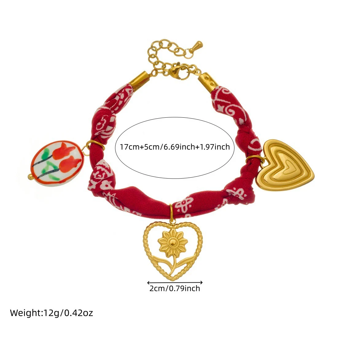 Wholesale Women's French Retro Printed Rope Chain Goldplated Cut Out Stainless Steel Heartshaped Flower Ceramic Pendant Bracelet - Image 4