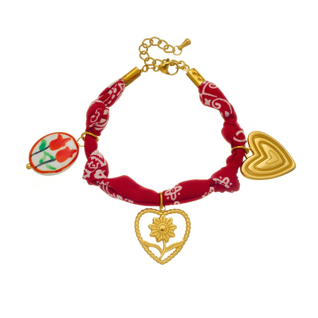 Wholesale Women's French Retro Printed Rope Chain Goldplated Cut Out Stainless Steel Heartshaped Flower Ceramic Pendant Bracelet - Image 5
