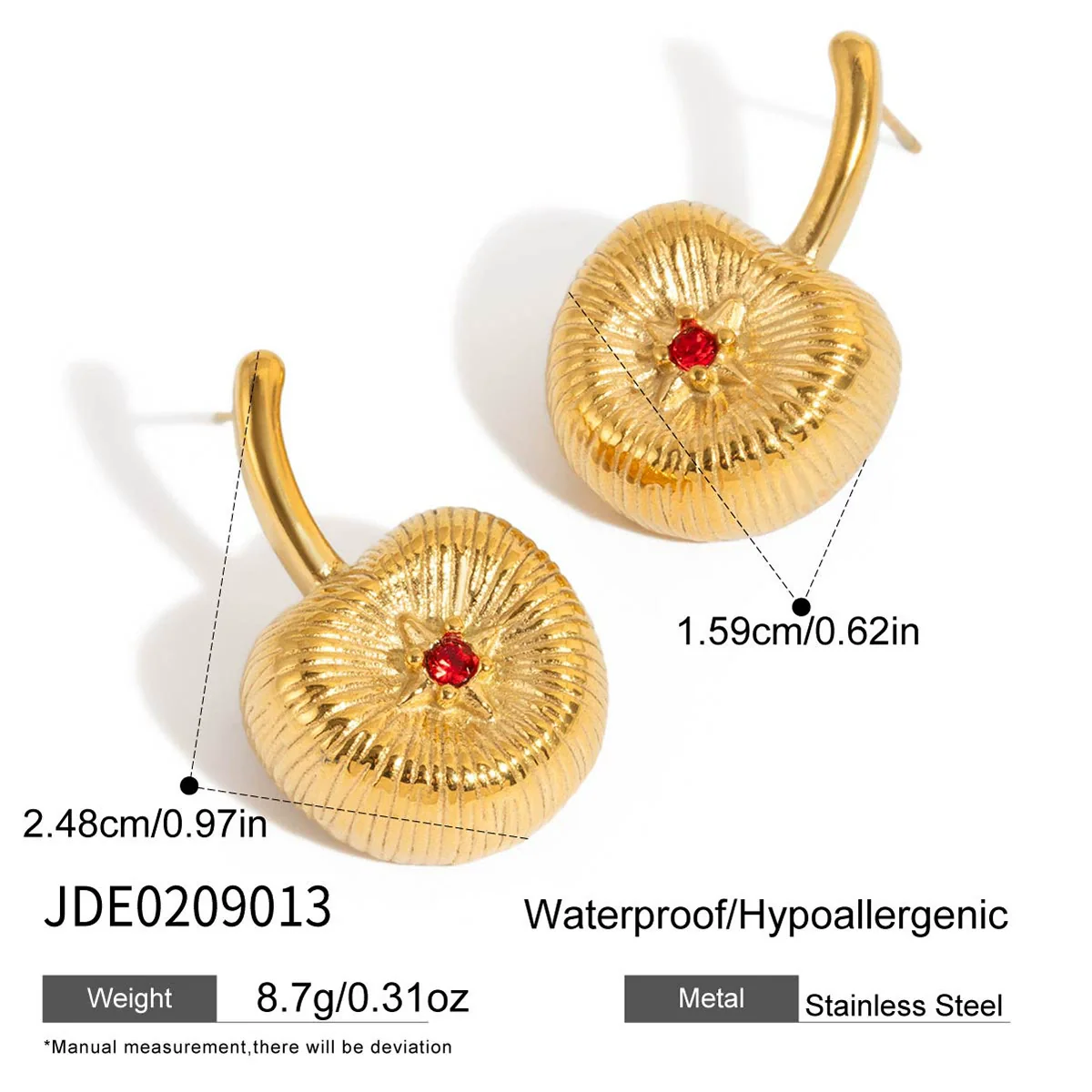 Wholesale Women's Fruit Shaped Stainless Steel Electroplated Red Rhinestone Cherry Earrings - Image 6