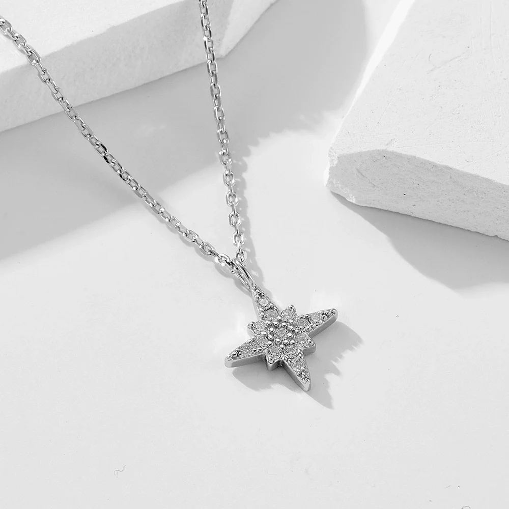 Wholesale Women's Full Diamond Eight Awn Star 925 Silver Necklace With Cross Chain Pendant - Image 2