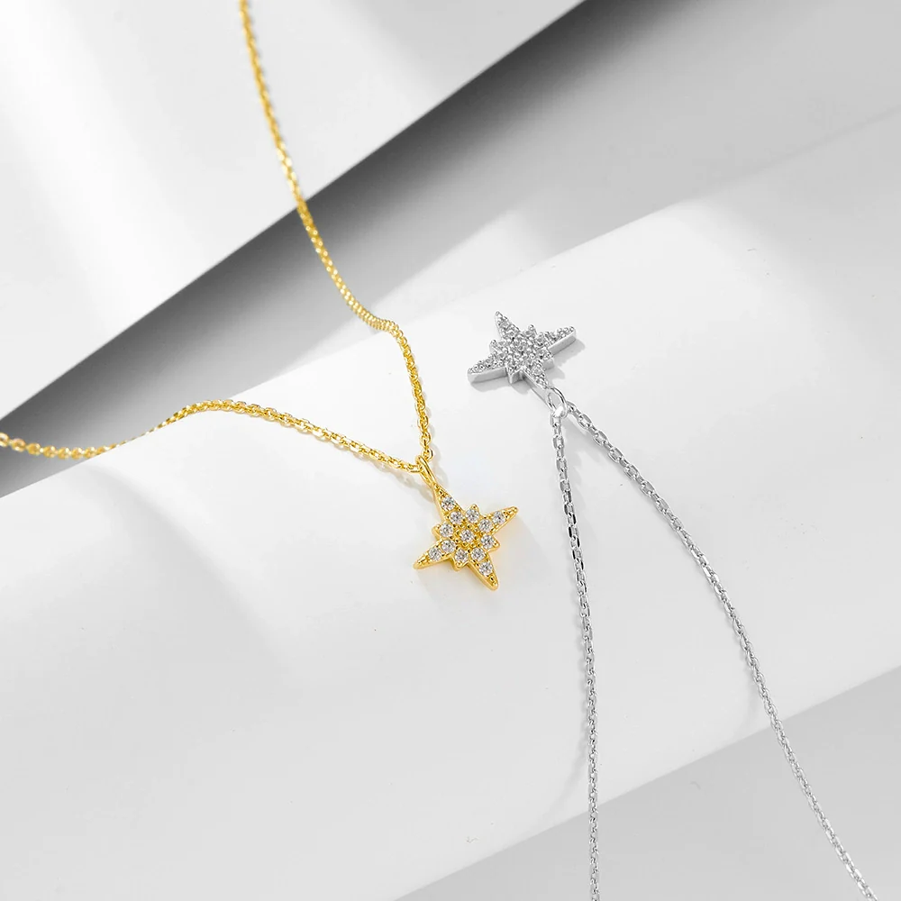Wholesale Women's Full Diamond Eight Awn Star 925 Silver Necklace With Cross Chain Pendant - Image 3