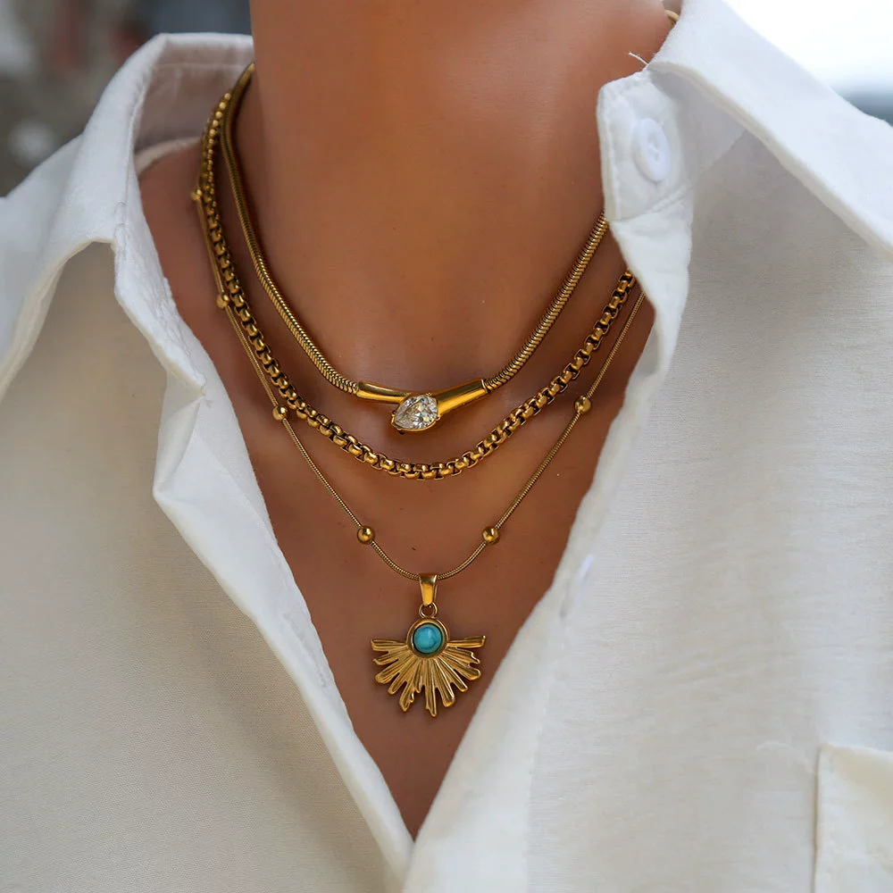 Wholesale Women's Geometric Beaded Fanshaped Turquoise Titanium Steel Goldplated Pendant Necklace