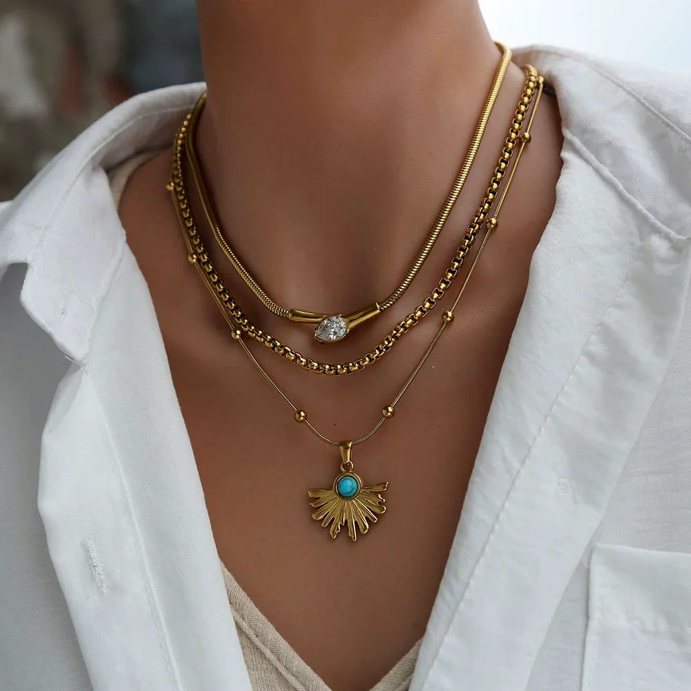 Wholesale Women's Geometric Beaded Fanshaped Turquoise Titanium Steel Goldplated Pendant Necklace - Image 2