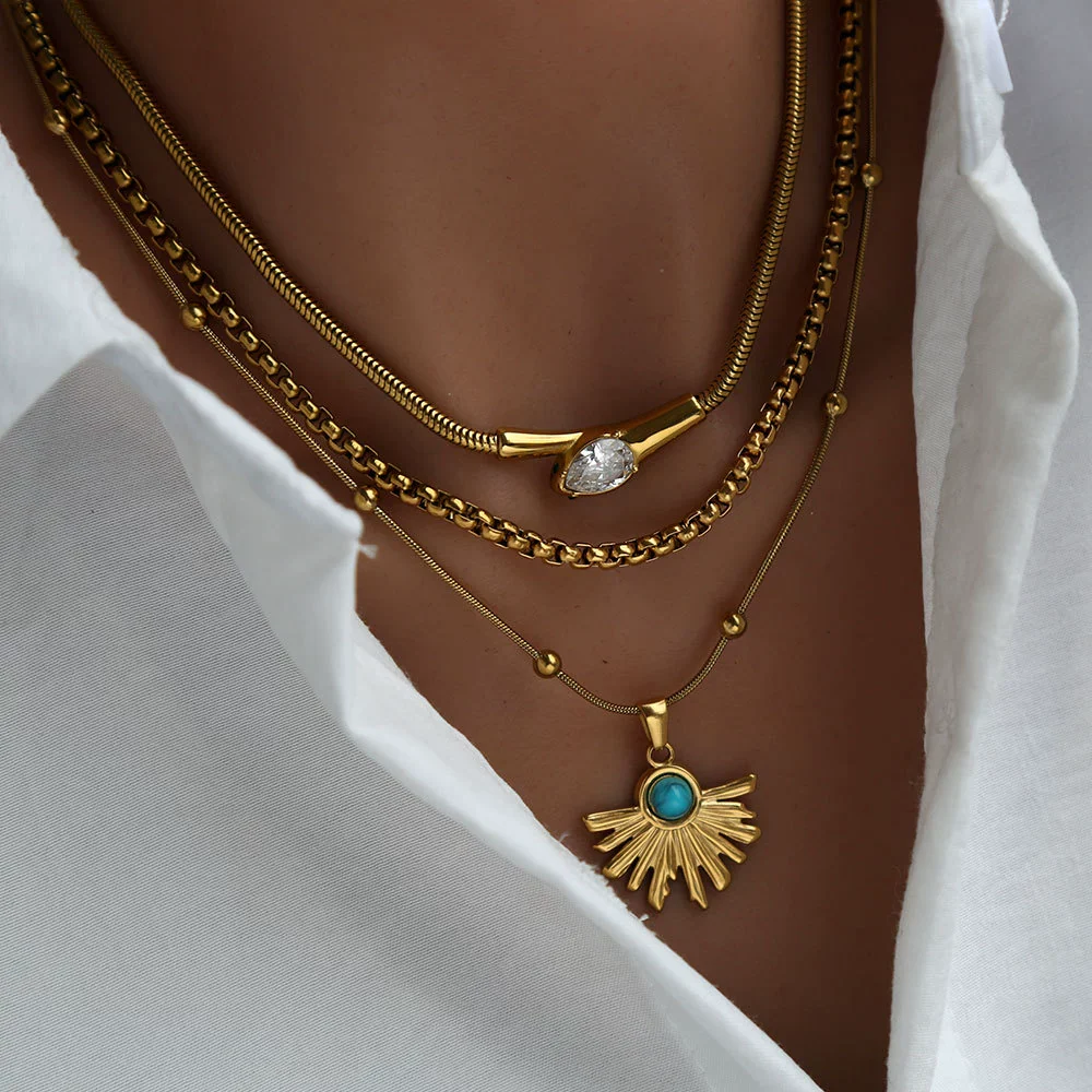 Wholesale Women's Geometric Beaded Fanshaped Turquoise Titanium Steel Goldplated Pendant Necklace - Image 3