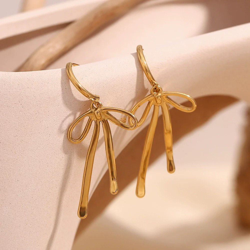Wholesale Women's Geometric Bow Stainless Steel 18K Gold Plated Fashion Earrings - Image 3