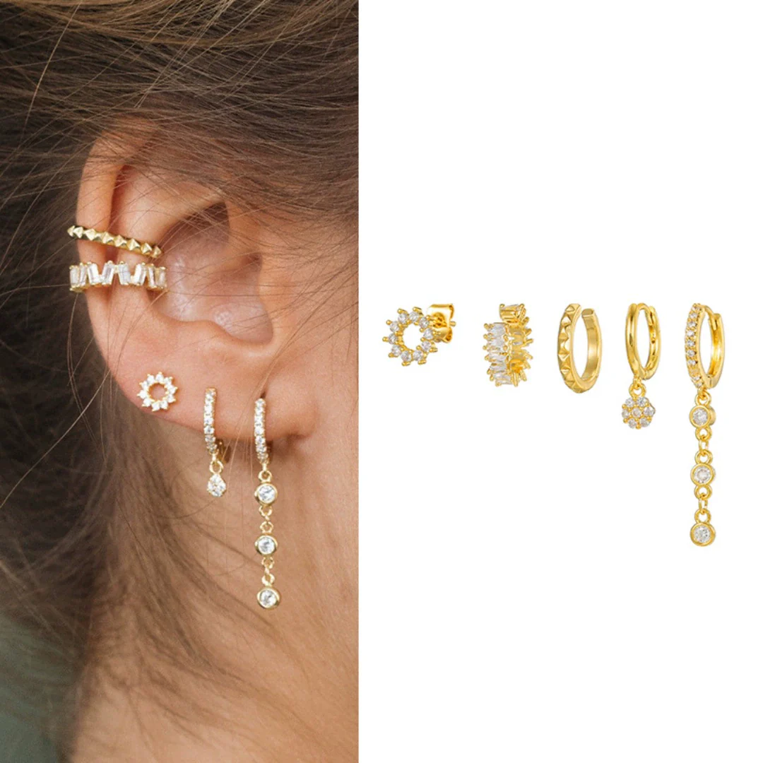 Wholesale Women's Geometric Brass Cut Out Ear Bone Clip Earrings Set With Zirconia Copper Plated Real Gold