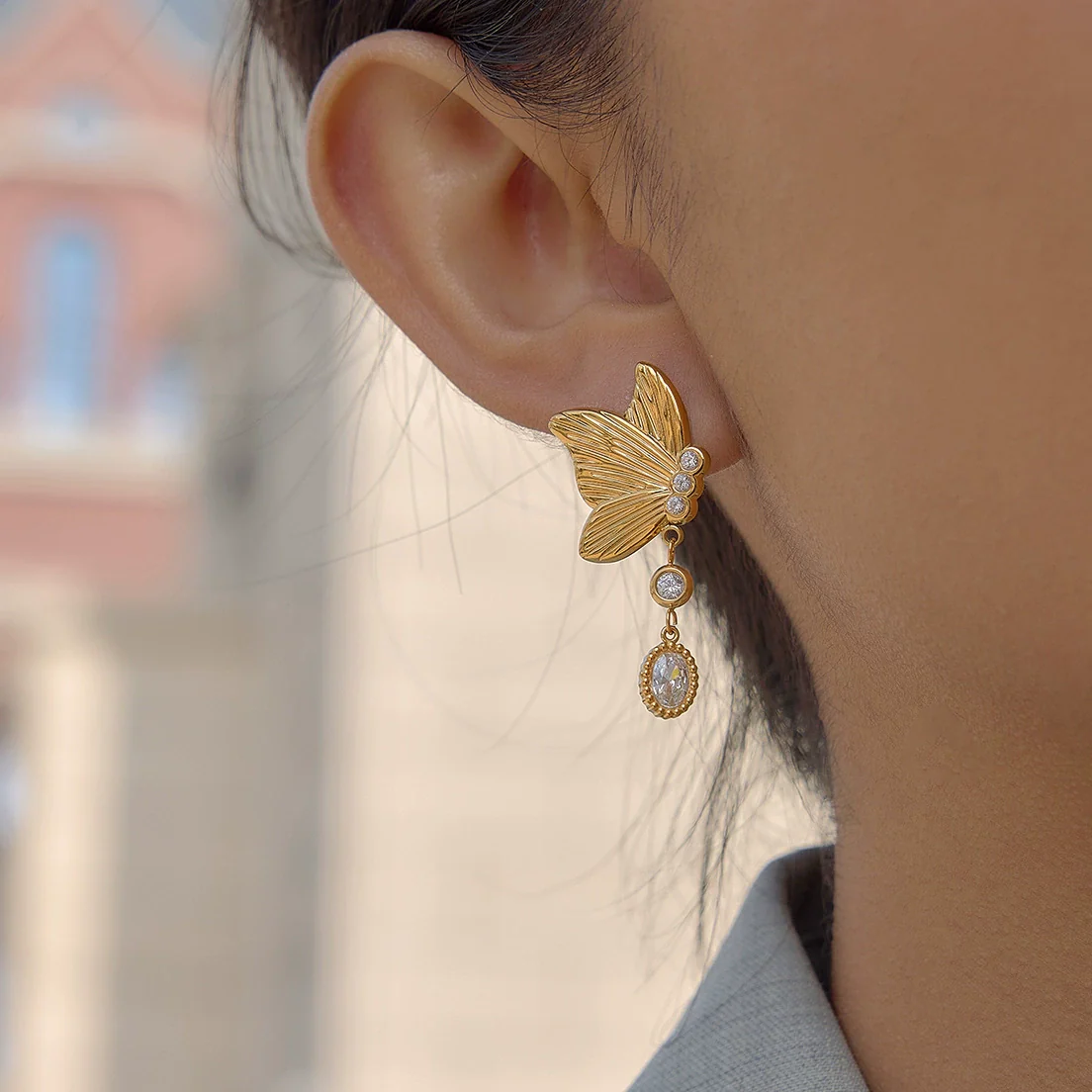 Wholesale Women's Geometric Butterfly Pendant Earrings Stainless Steel Vacuum Real Gold Plated - Image 3