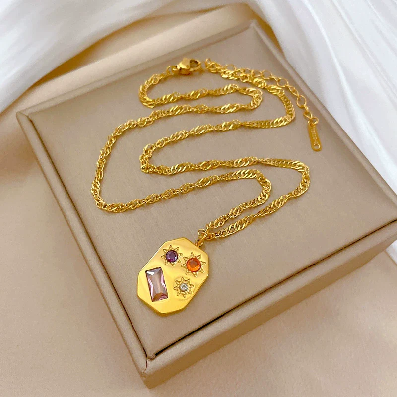 Wholesale Women's Geometric Cartoon Plant Flowers Square Star Galaxy Furnace Real Gold Electroplated Titanium Steel Necklace - Image 4