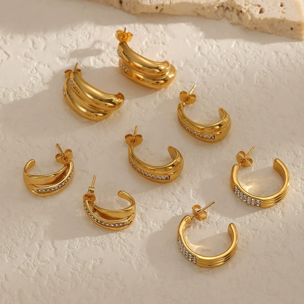 Wholesale Women's Geometric Cshaped Stainless Steel Diamondencrusted Earrings With Pvd Furnace Vacuum Real Gold Plating Light Luxury Style - Image 2