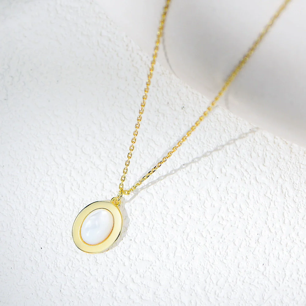 Wholesale Women's Geometric Diamond Design Oval Motherofpearl Shell Pendant Necklace With Cross Chain In 925 Sterling Silver