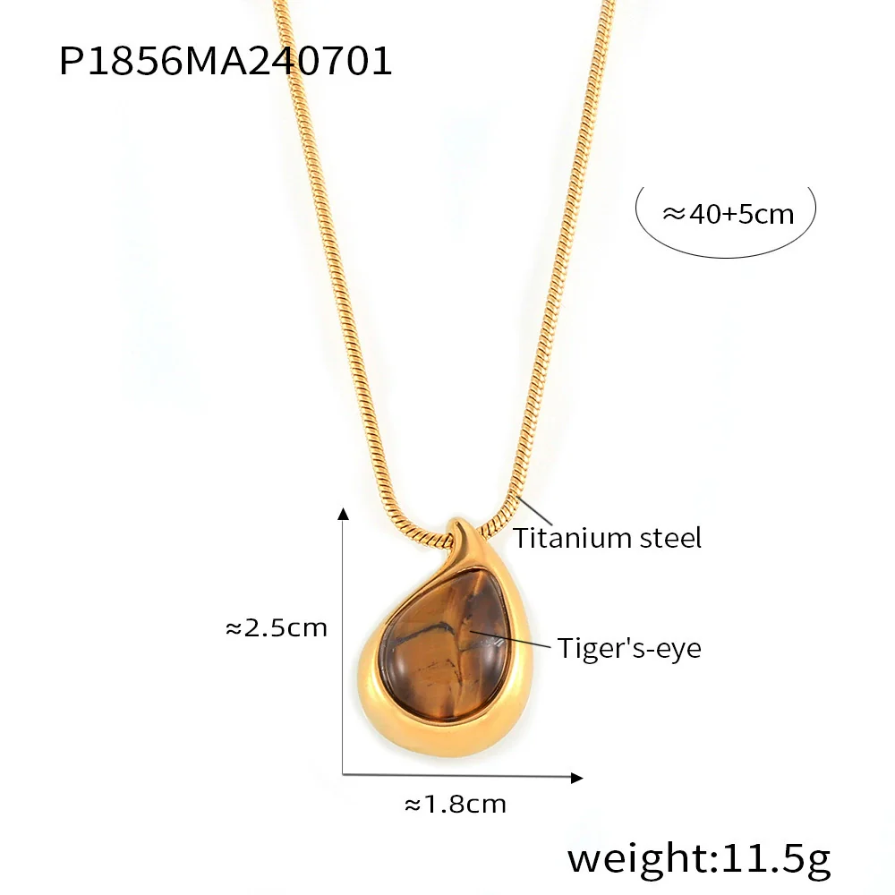 Wholesale Women's Geometric Dropshaped Tiger Eye Pendant Titanium Steel Goldplated Necklace - Image 6