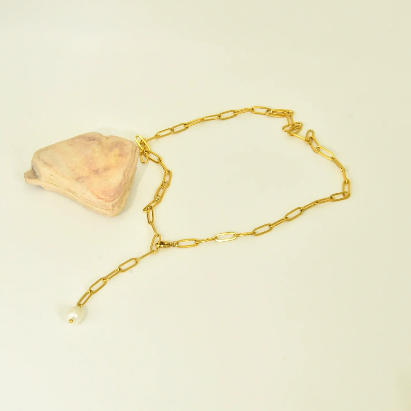 Wholesale Women's Geometric Electroplated Titanium Steel Paper Clip Chain Pearl Pendant Necklace - Image 2
