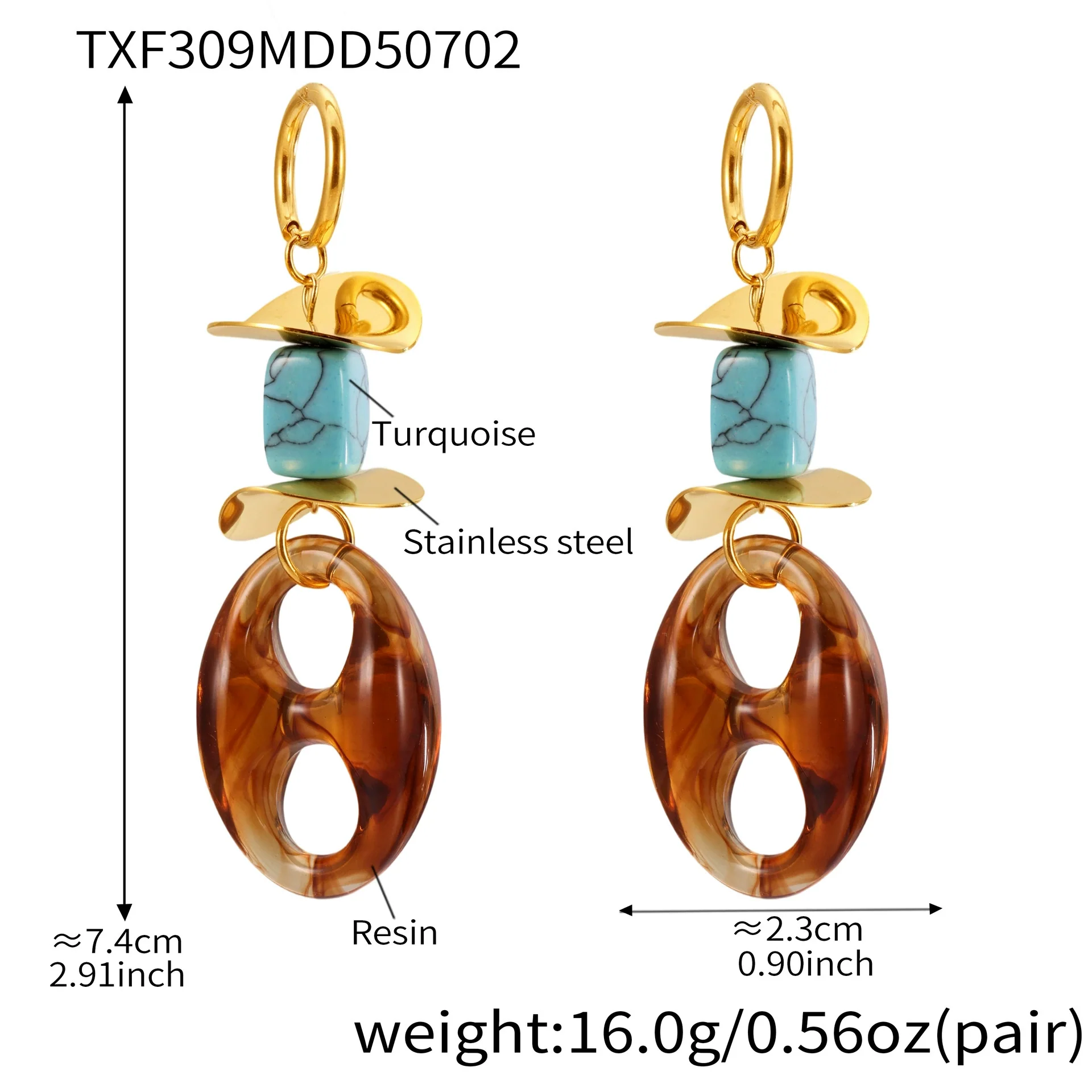 Wholesale Women's Geometric Ferris Wheel Oval Pig Nose Electroplated Stainless Steel Resin Turquoise Earrings - Image 7