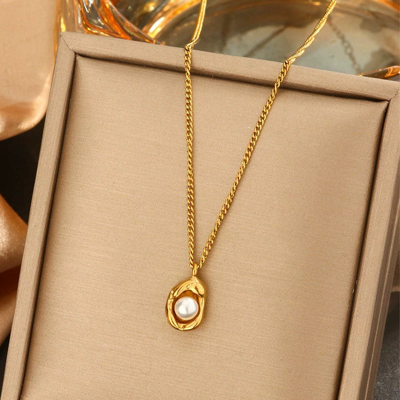 Wholesale Women's Geometric Ins Style Stainless Steel Pearl 18K Gold Plated Stacking Necklace Jewelry Set - Image 6