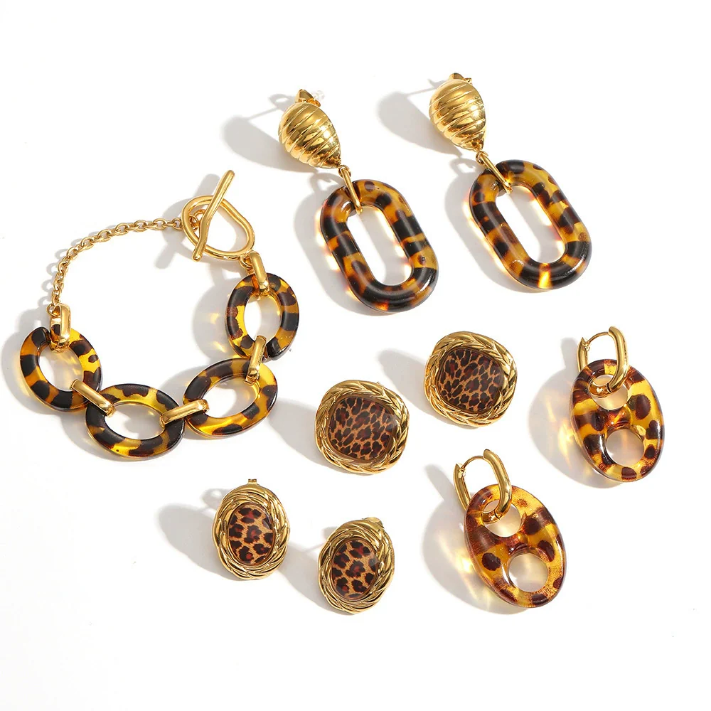 Wholesale Women's Geometric Leopard Print 18K Gold Plated Stainless Steel Jewelry Set Bracelet Earrings Maillard Style - Image 3