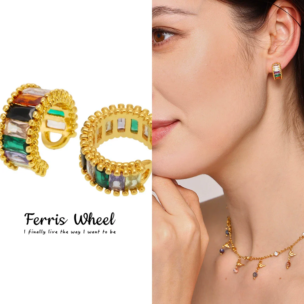 Wholesale Women's Geometric Light Luxury Style Ferris Wheel Rainbow Glass Stone Copper Ear Clips Electroplated