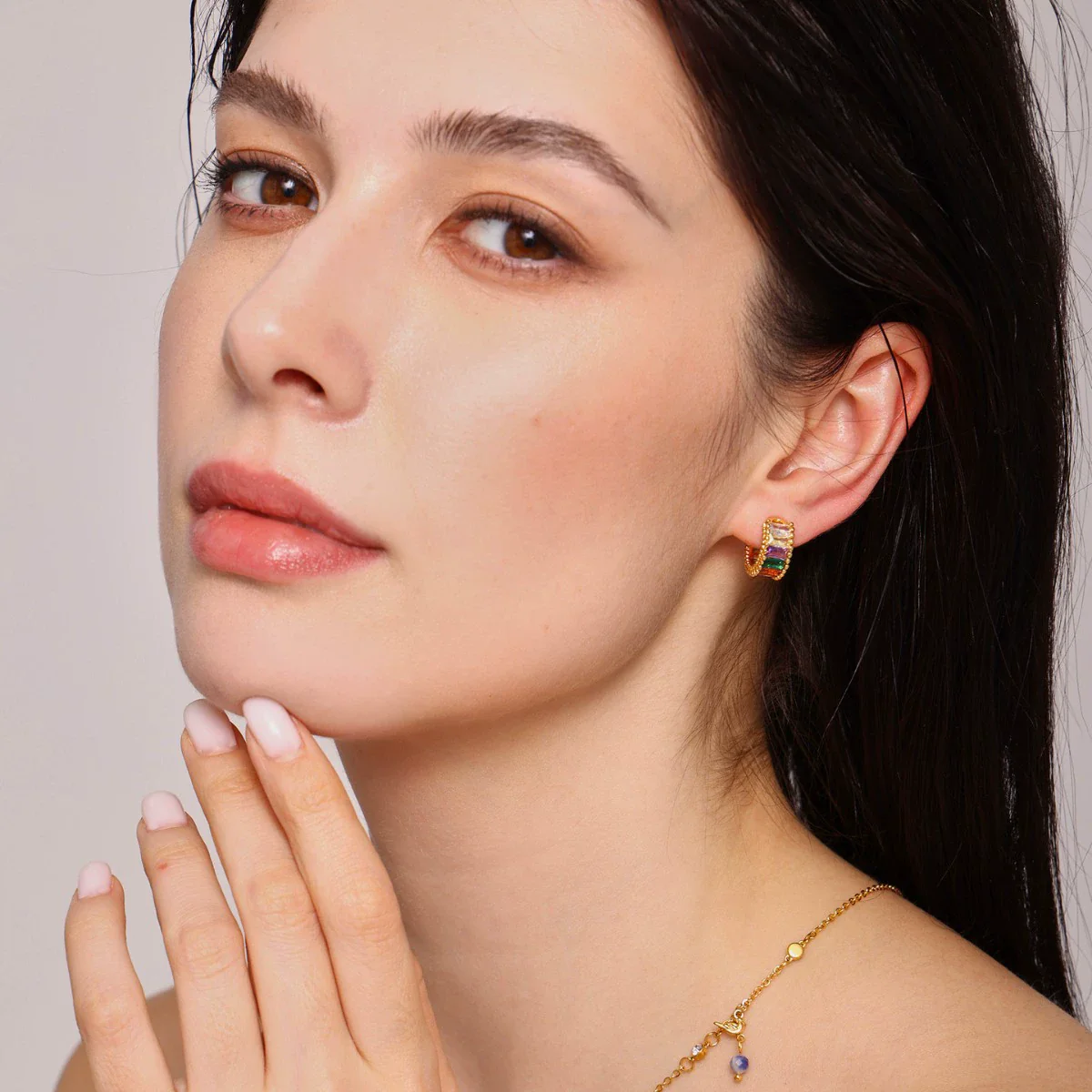 Wholesale Women's Geometric Light Luxury Style Ferris Wheel Rainbow Glass Stone Copper Ear Clips Electroplated - Image 2