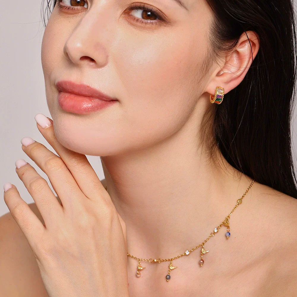 Wholesale Women's Geometric Light Luxury Style Ferris Wheel Rainbow Glass Stone Copper Ear Clips Electroplated - Image 4