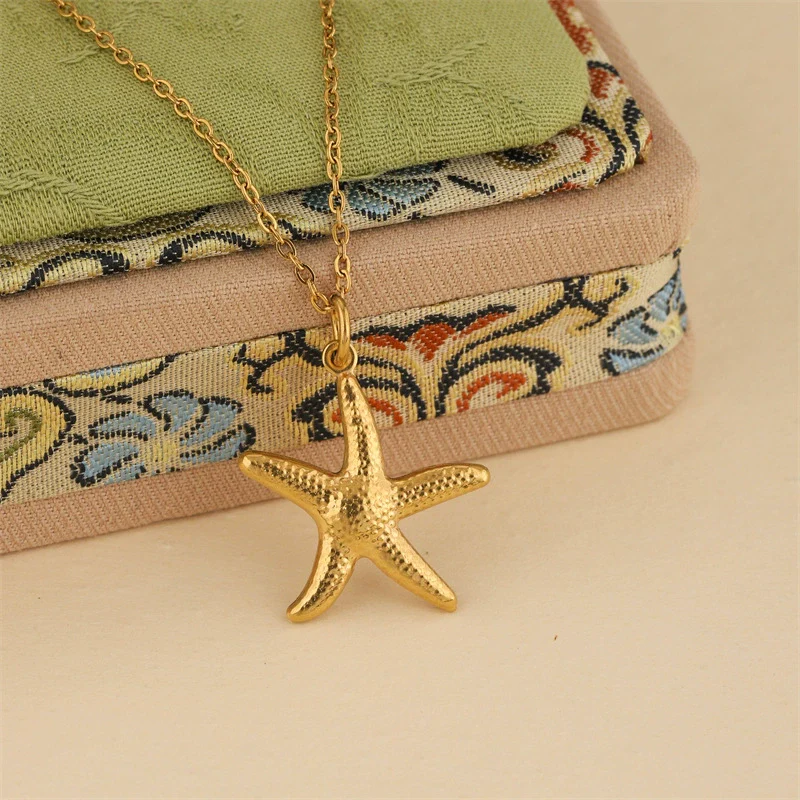 Wholesale Women's Geometric Minimalist Fivepointed Starfish Pendant Necklace Stainless Steel With 18K Gold Electroplating Cross Chain - Image 5