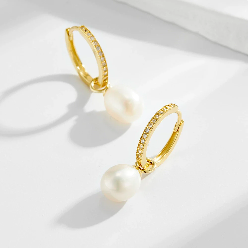 Wholesale Women's Geometric Natural Pearl Micropaved Zirconia S925 Sterling Silver Earrings - Image 2