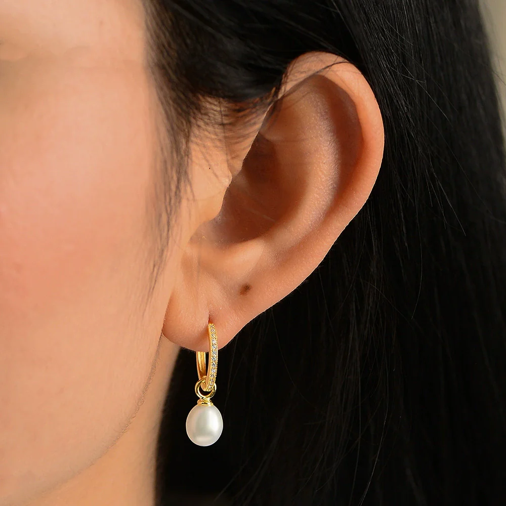 Wholesale Women's Geometric Natural Pearl Micropaved Zirconia S925 Sterling Silver Earrings - Image 3