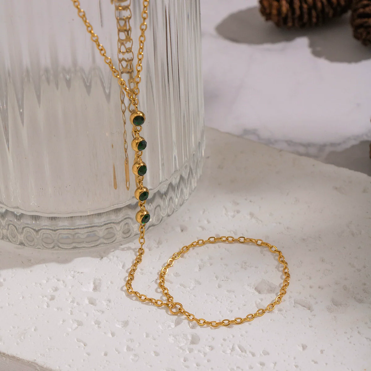 Wholesale Women's Geometric Olive Green Zircon Stainless Steel Real Gold Plated Chain Bracelet - Image 2