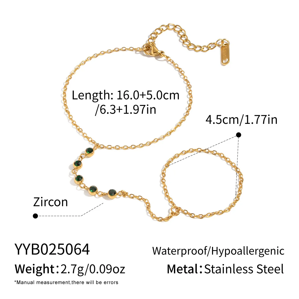 Wholesale Women's Geometric Olive Green Zircon Stainless Steel Real Gold Plated Chain Bracelet - Image 6