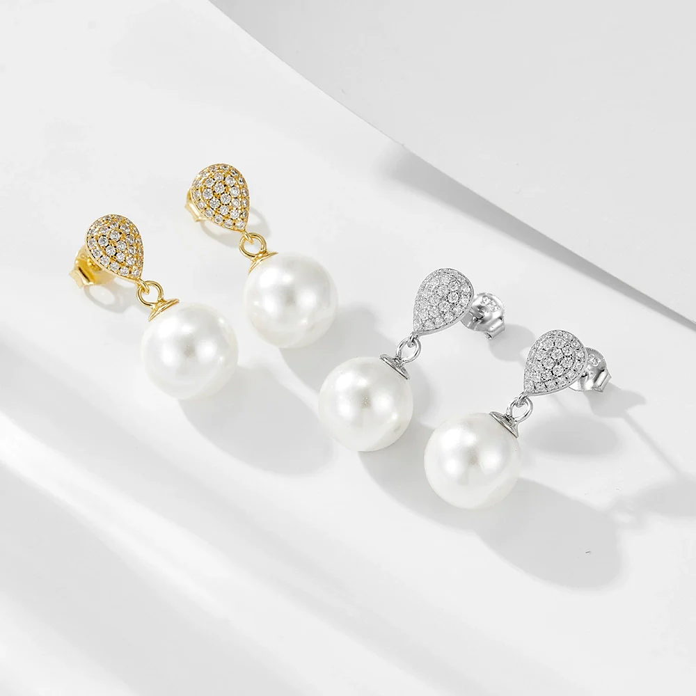 Wholesale Women's Geometric Pearl Inlaid S925 Sterling Silver Stud Earrings - Image 3