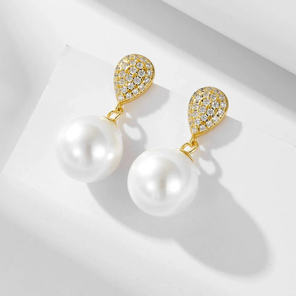 Wholesale Women's Geometric Pearl Inlaid S925 Sterling Silver Stud Earrings - Image 6