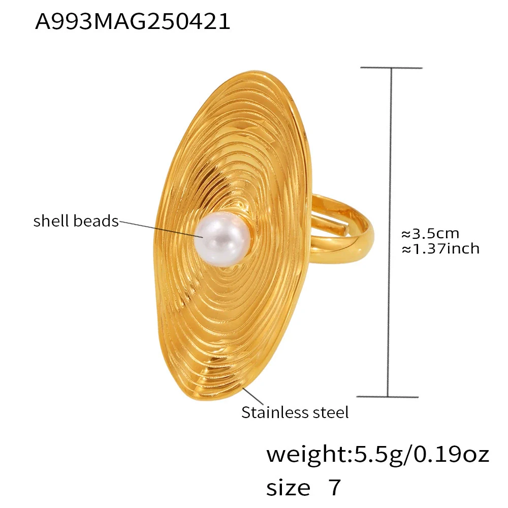 Wholesale Women's Geometric Pearl Stainless Steel And Shell Beads Electroplated Open Design Ring - Image 6