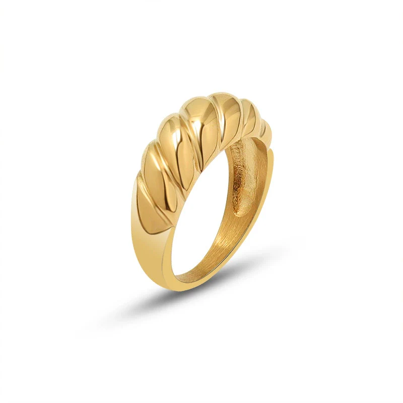 Wholesale Women's Geometric Retro Thread Wave Surface Casting Titanium Steel 18K Gold Plated Ring - Image 3