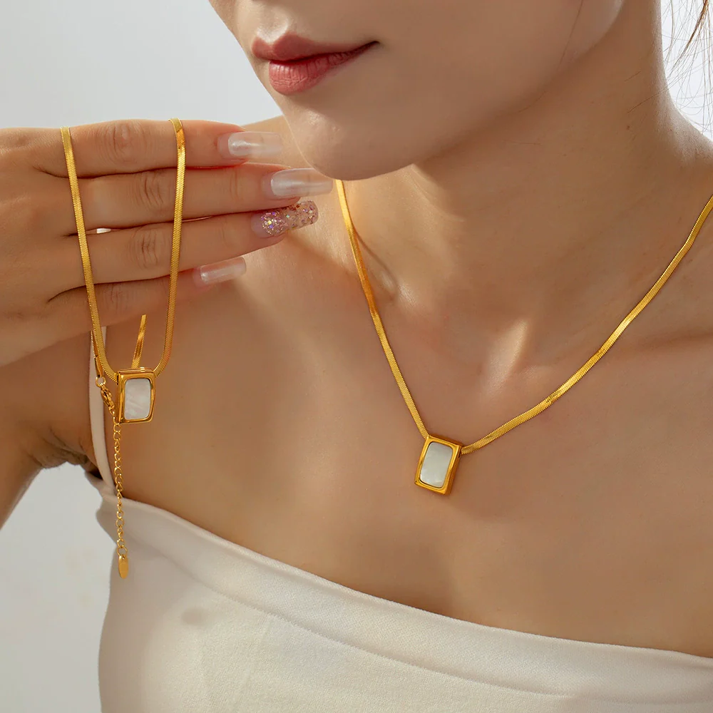 Wholesale Women's Geometric Square White Sea Shell Pendant Necklace In Titanium Steel With 18K Real Gold Plating - Image 3