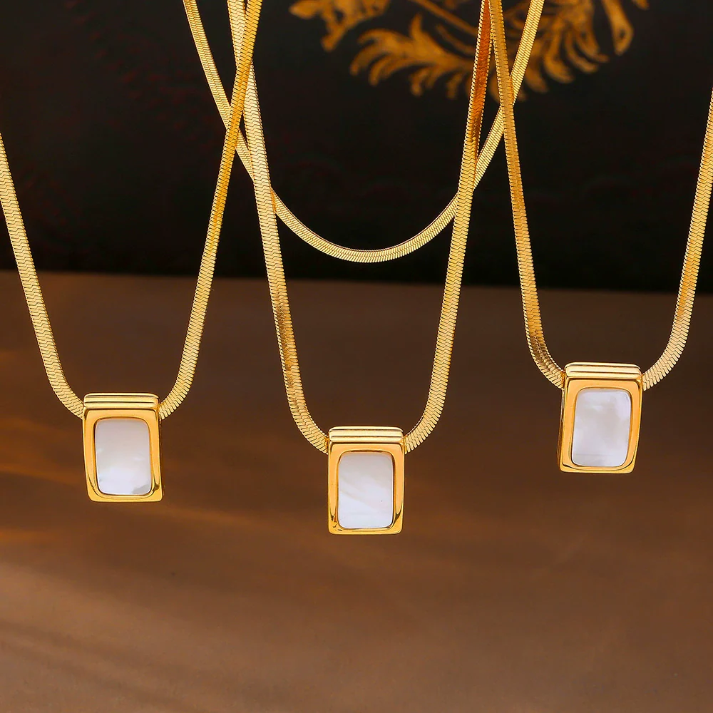 Wholesale Women's Geometric Square White Sea Shell Pendant Necklace In Titanium Steel With 18K Real Gold Plating - Image 4