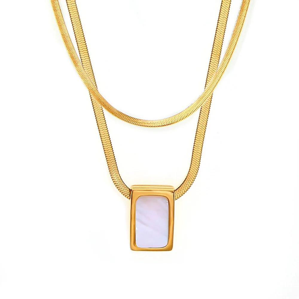 Wholesale Women's Geometric Square White Sea Shell Pendant Necklace In Titanium Steel With 18K Real Gold Plating - Image 5