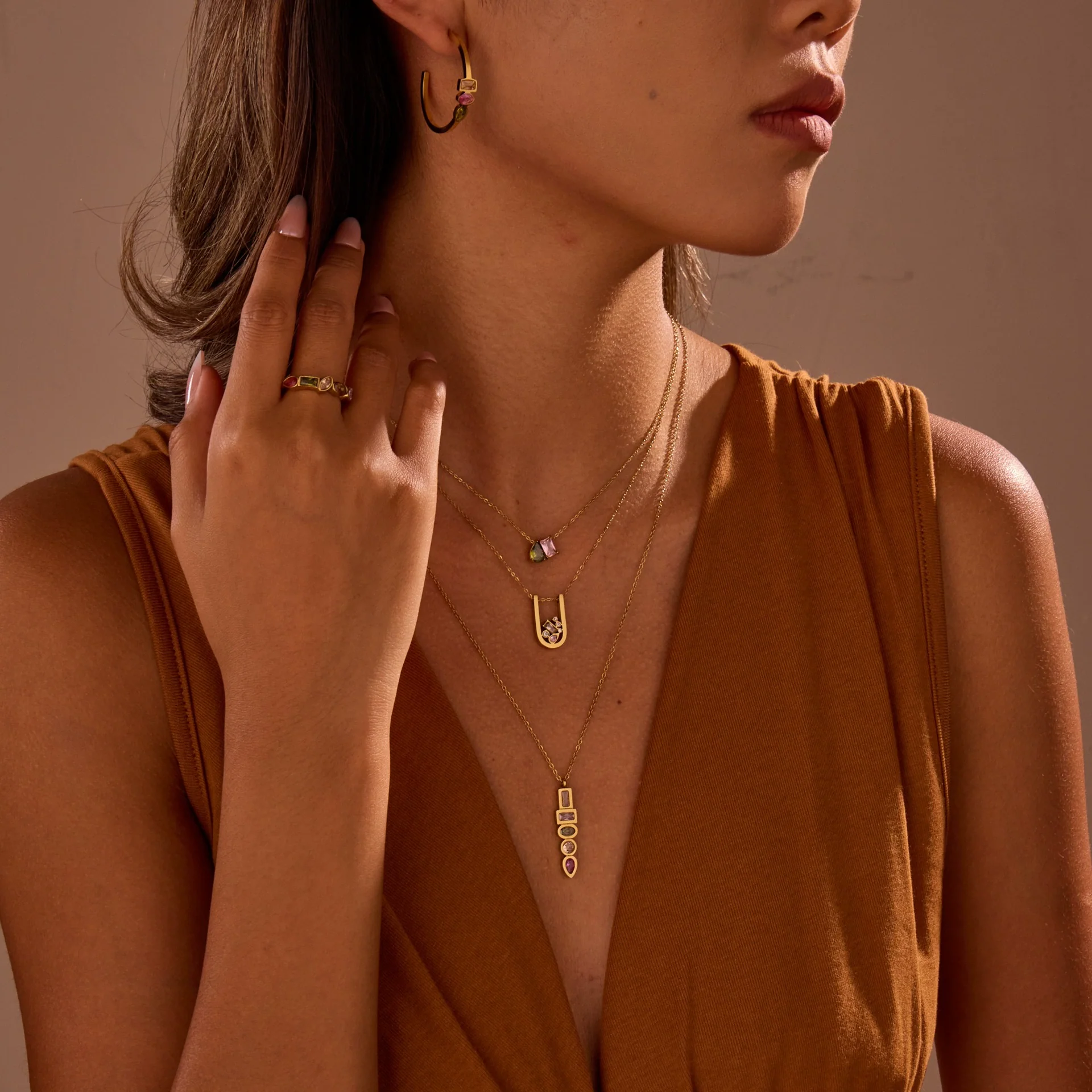 Wholesale Women's Geometric Stainless Steel 18K Gold Plated Jewelry Set Including Necklace Earrings And Ring