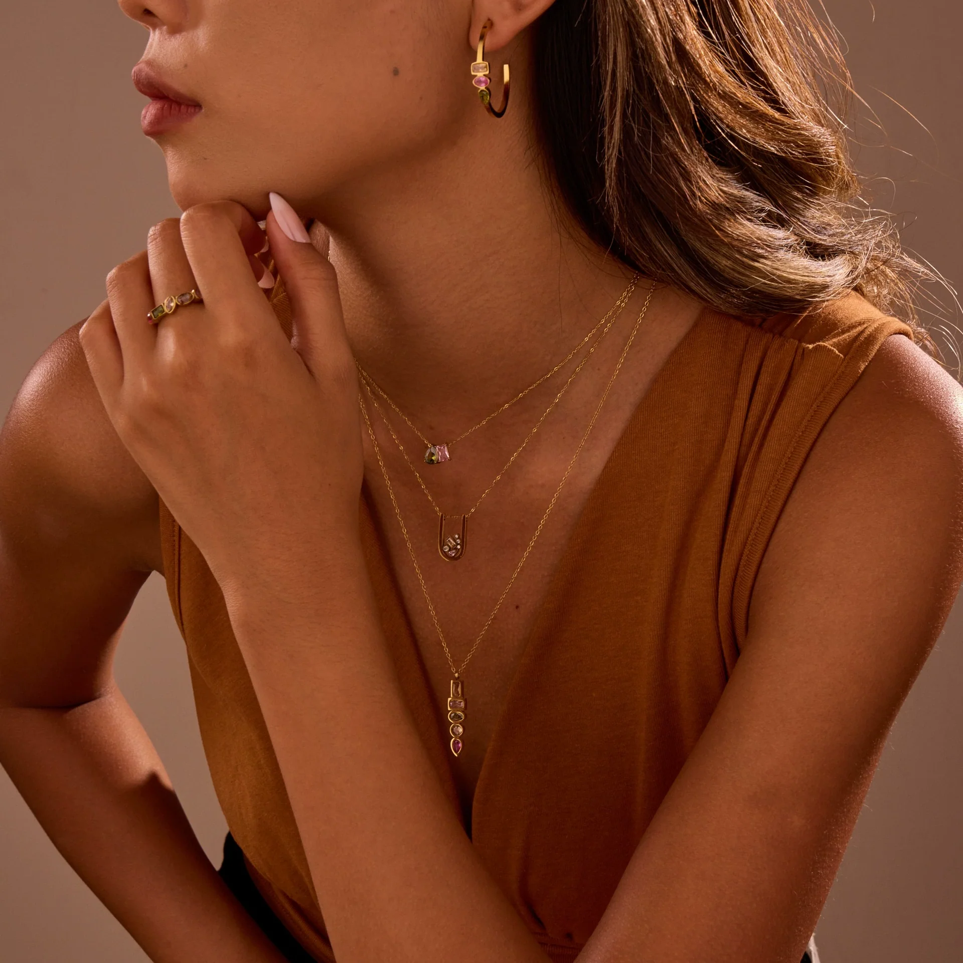 Wholesale Women's Geometric Stainless Steel 18K Gold Plated Jewelry Set Including Necklace Earrings And Ring - Image 2