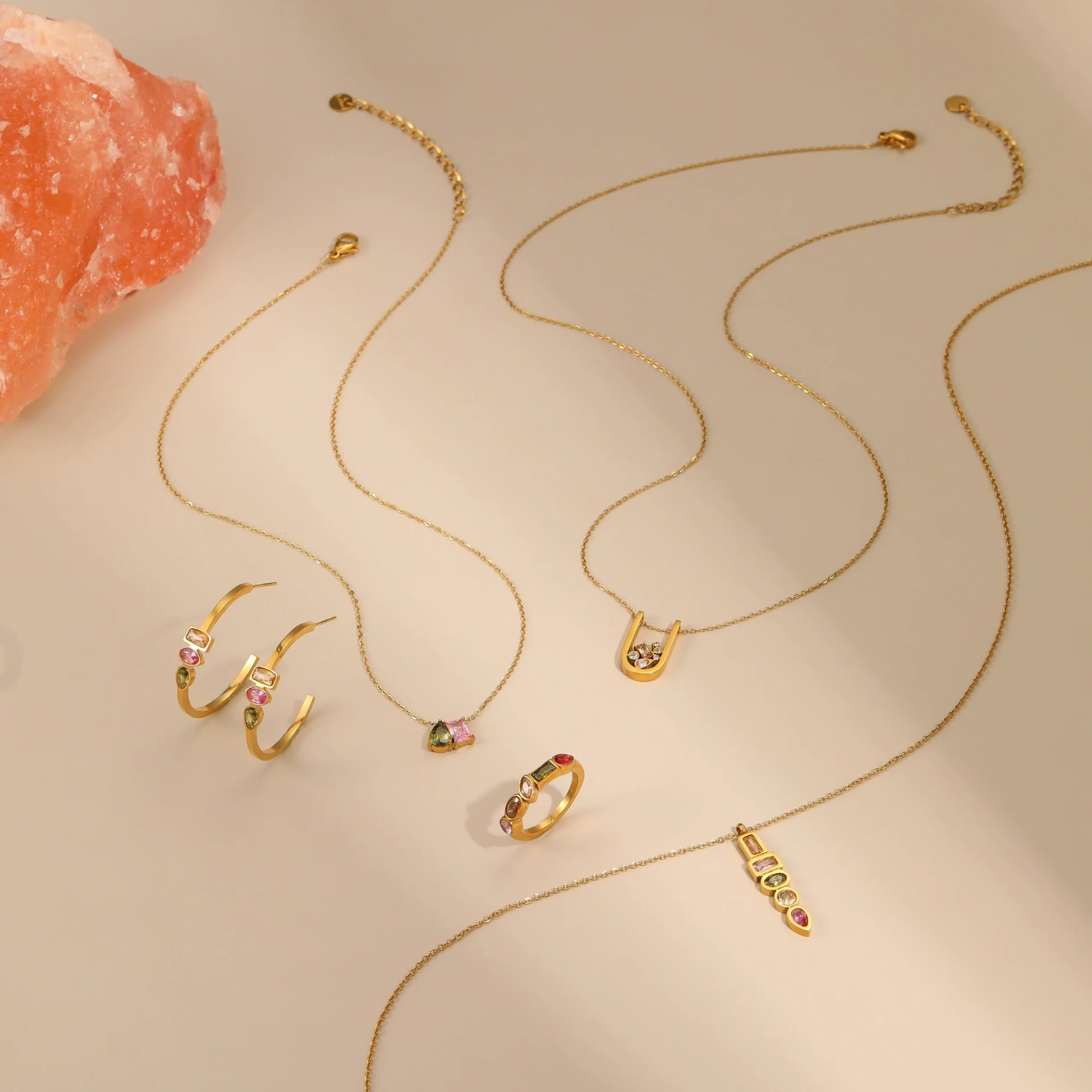 Wholesale Women's Geometric Stainless Steel 18K Gold Plated Jewelry Set Including Necklace Earrings And Ring - Image 3