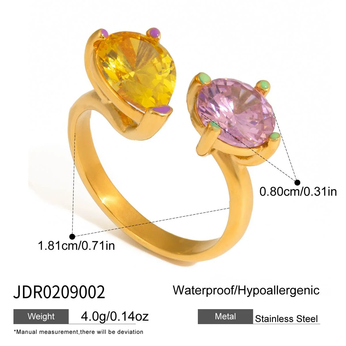 Wholesale Women's Geometric Stainless Steel Electroplated 18K Gold Yellow And Pink Dropshaped Zircon Ring Accessories - Image 6