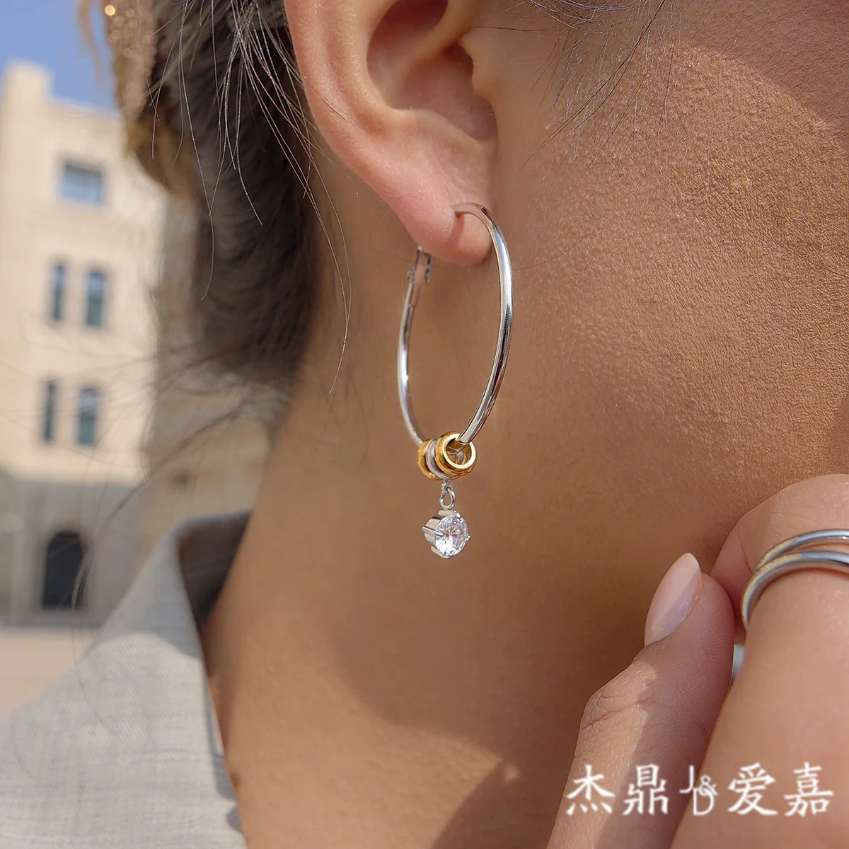 Wholesale Women's Geometric Stainless Steel Electroplated Hoop Zircon Earrings Jewelry