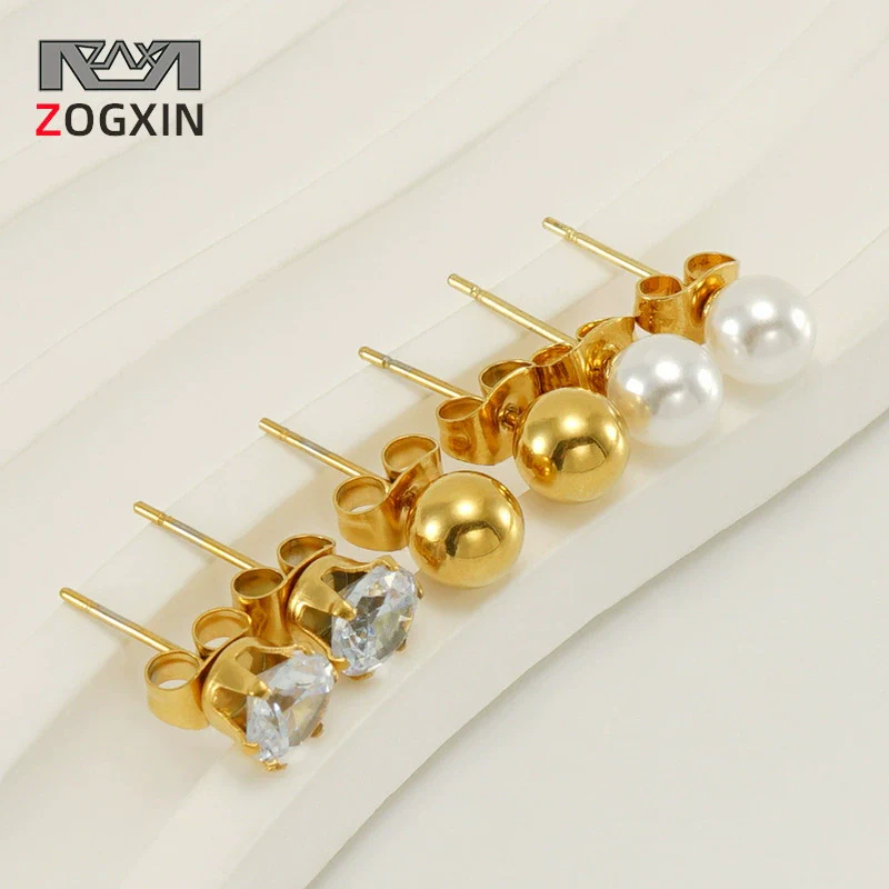 Wholesale Women's Geometric 316L Stainless Steel Pearl And Diamond Earrings With Electroplating