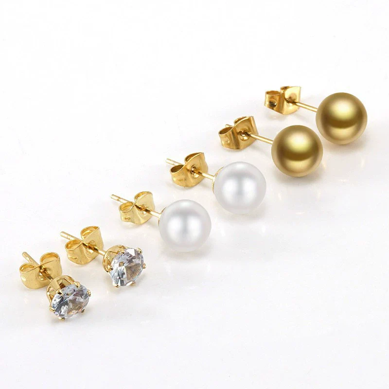 Wholesale Women's Geometric 316L Stainless Steel Pearl And Diamond Earrings With Electroplating - Image 2