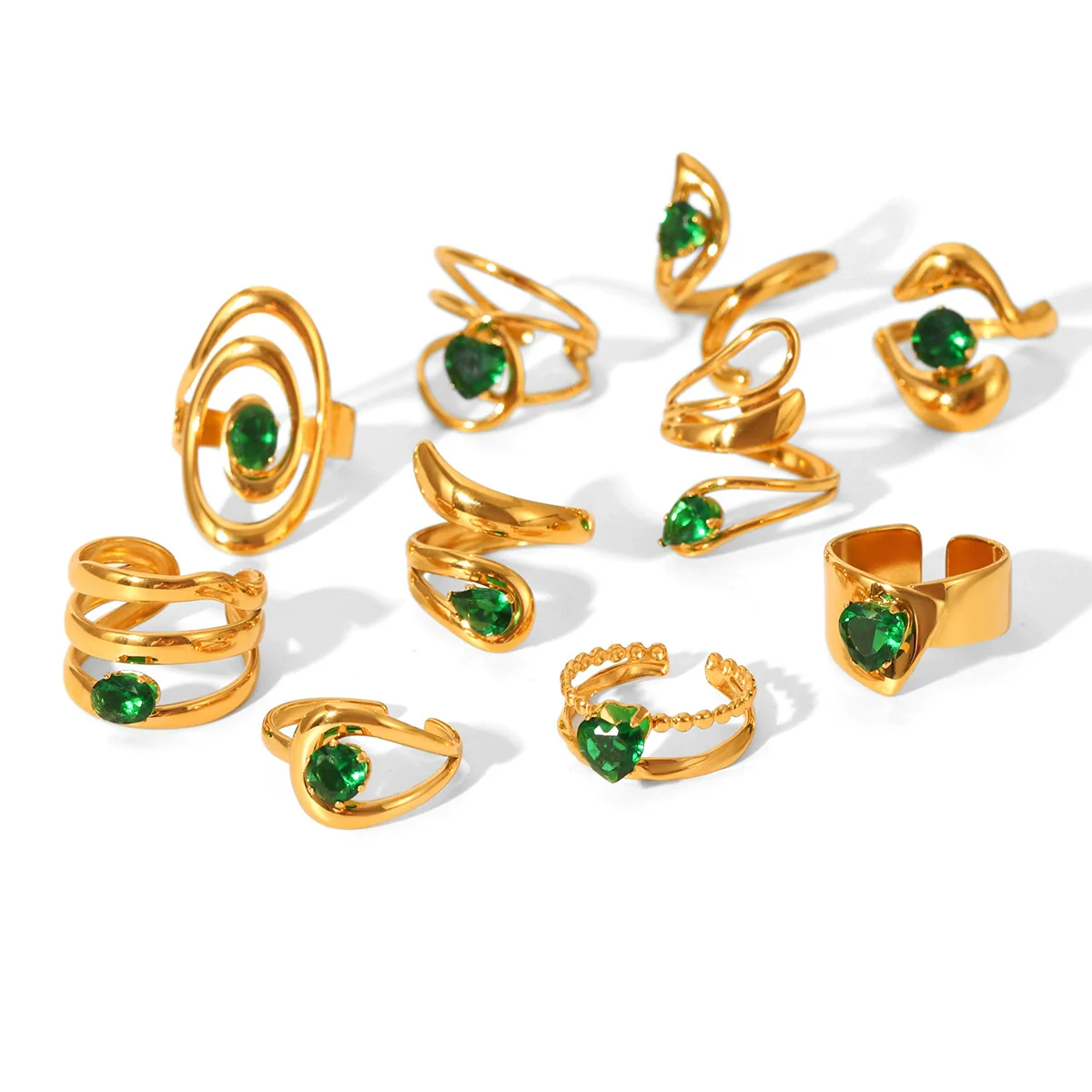 Wholesale Women's Geometric Stainless Steel Ring Set With Green Zirconia Light Luxury And Highend Jewelry - Image 5