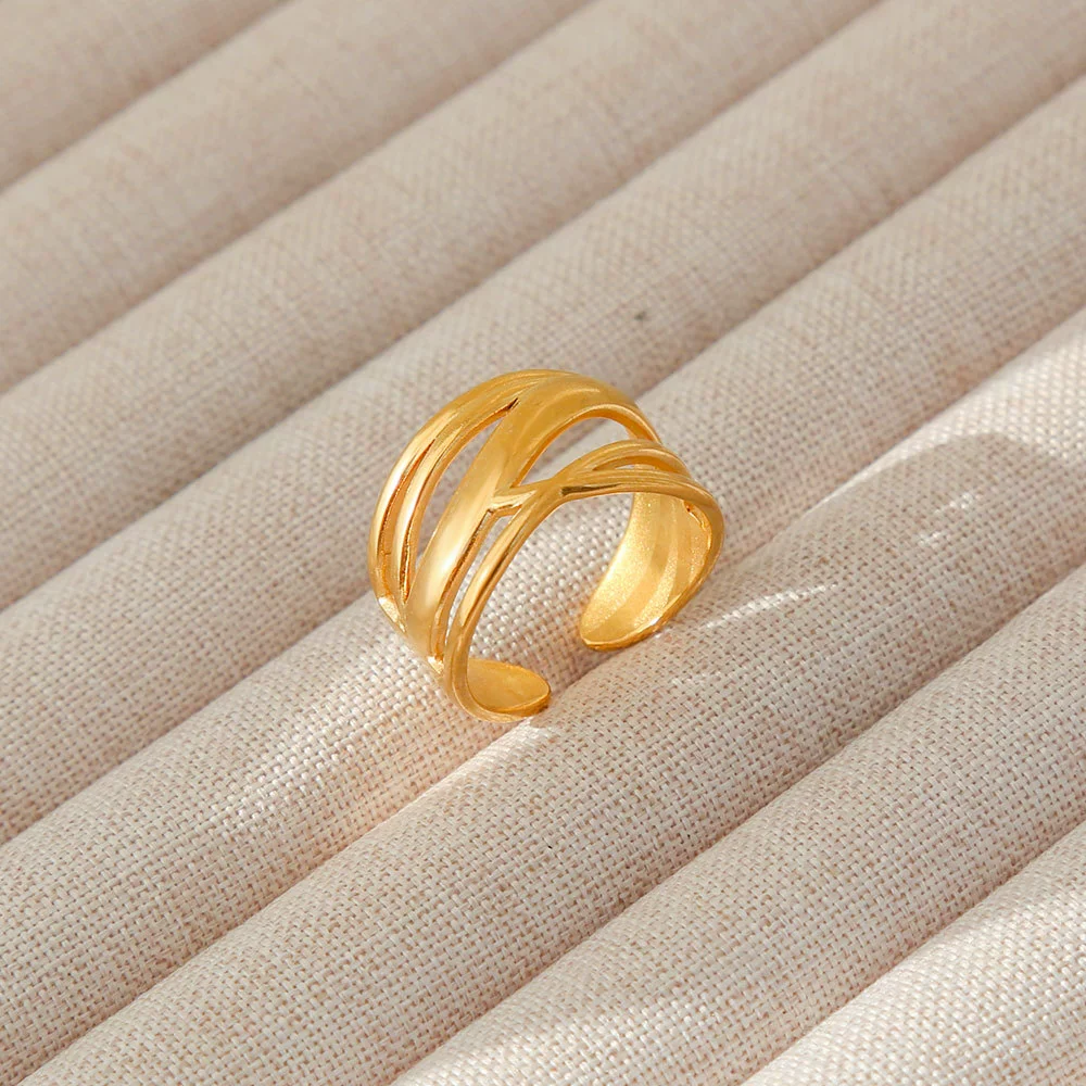 Wholesale Women's Geometric Stainless Steel Titanium Steel Ring With Geometric Plants And Flowers Pattern 18K Gold Electroplated Ins Style - Image 59