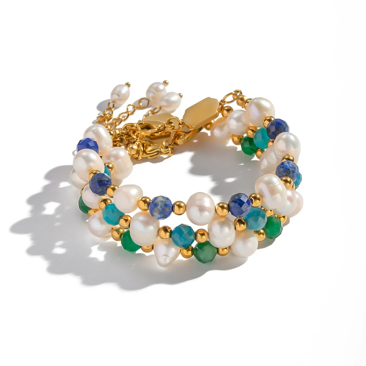 Wholesale Women's Geometric Stainless Steel Vacuum Plated Bracelet With Natural Stone Lapis Lazuli Green Agate And Freshwater Pearl - Image 5