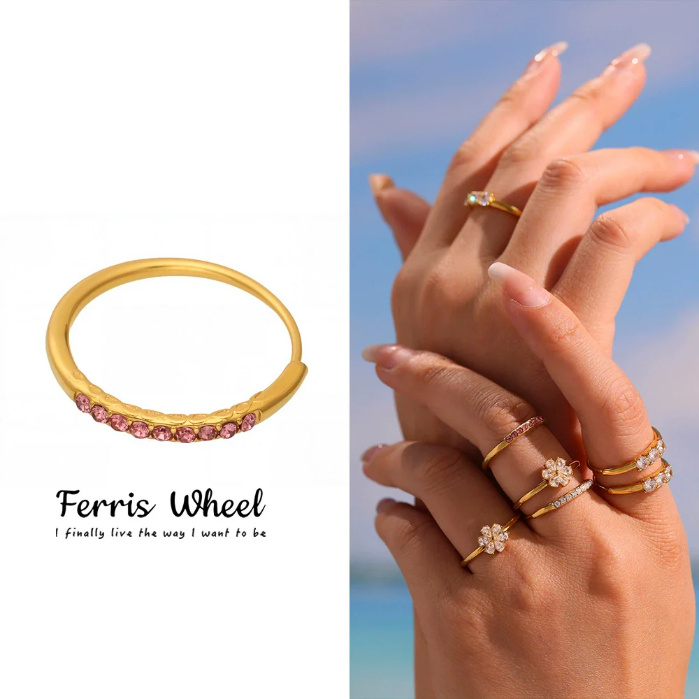 Wholesale Women's Geometric Stainless Steel Zircon Goldplated Ferris Wheel Open Ring Hand Jewelry