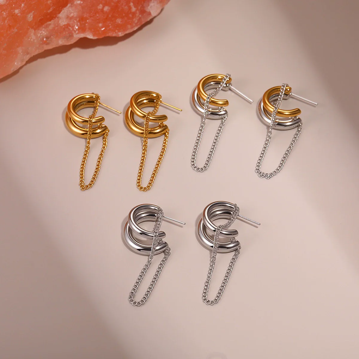 Wholesale Women's Geometric Tassel Stainless Steel Electroplated Gold Earrings Fashion Jewelry - Image 2